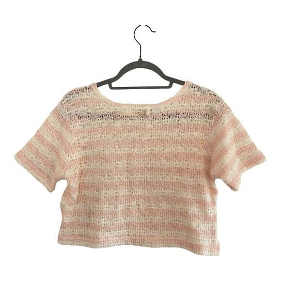 Victorias Secret Pink Striped Open Knit Cropped Short Sleeve Sweater Top Size L - Picture 3 of 4